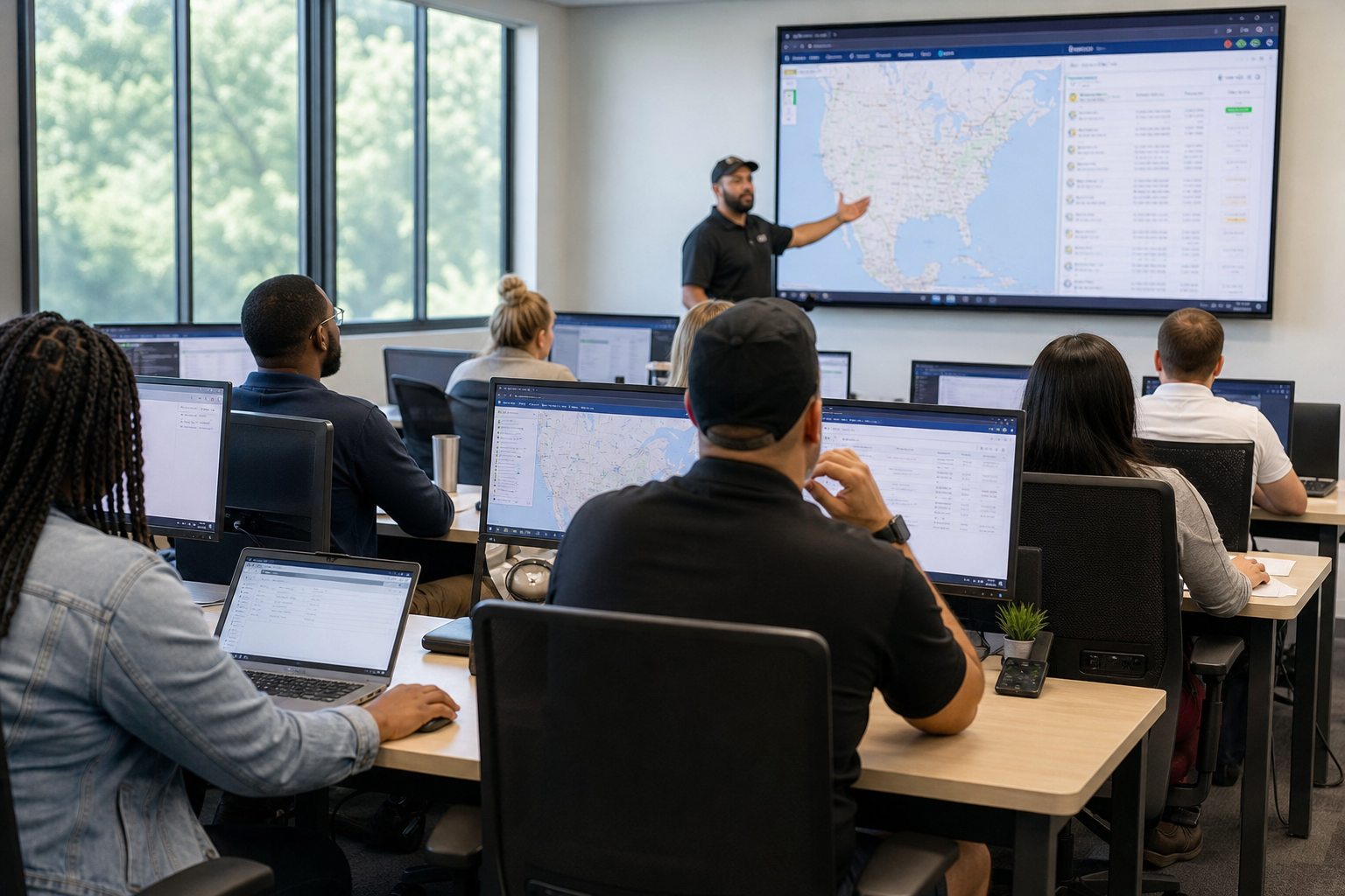 Adult students learning dispatcher skills at computers in a training classroom